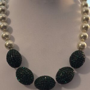 Joan Boyce Emerald Green Swarovski Crystal Egg Pearl Beaded Necklace